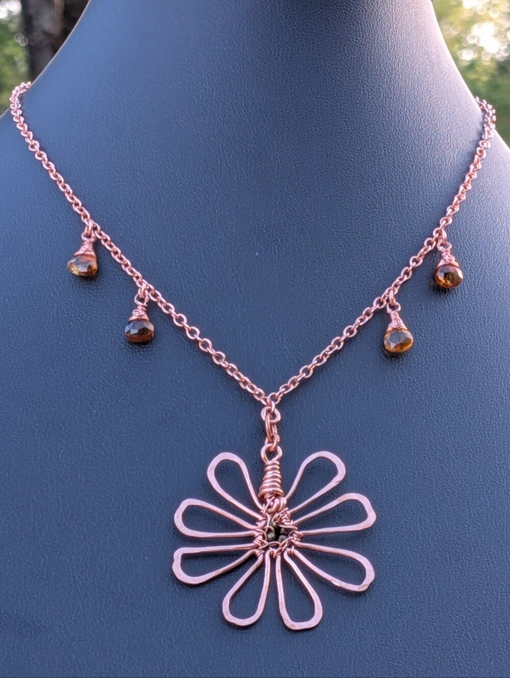 Adjustable Copper Flower Necklace Rare Cognac Quartz Gemstone Drops - Picture 13 of 16